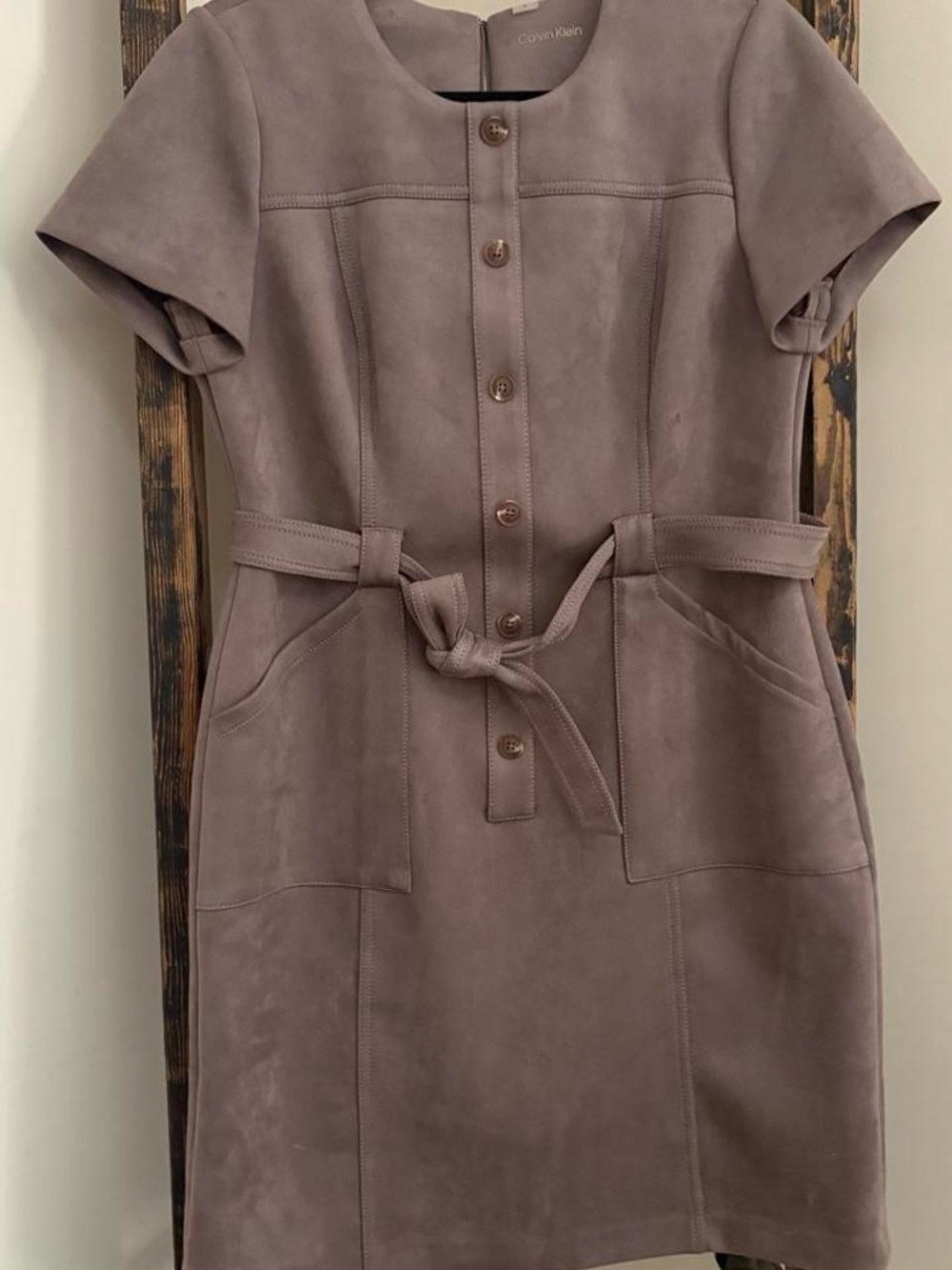 Calvin Klein Taupe Suede Short-Sleeve Belted Mini Dress